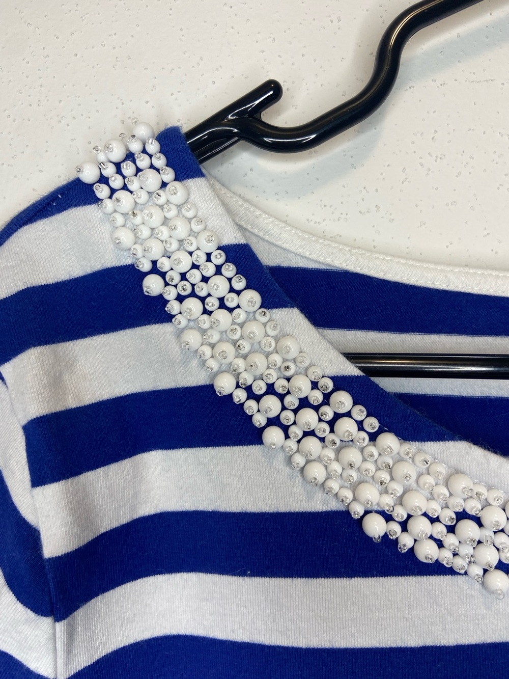 Talbots White and Royal Blue Striped Short Sleeve Top with Beaded Collar - Picture 2 of 7